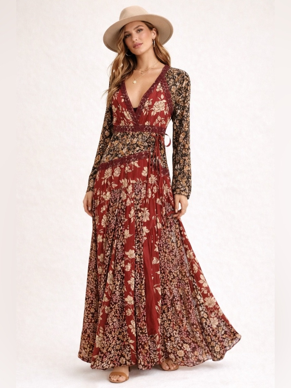 Free People Tilda Wrap Maxi Dress Floral Lace Boho Long Sleeve Small